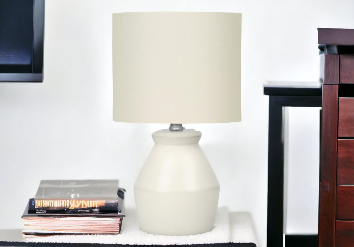 17" Cream Ceramic Geometric Table Lamp With Cream Drum Shade W2B