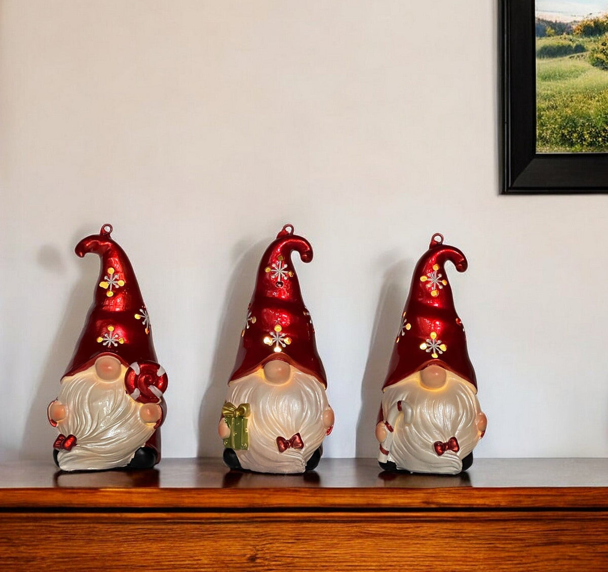 Set of Three Red and White Santa Gnome LED Light Up Christmas Ornaments W2B