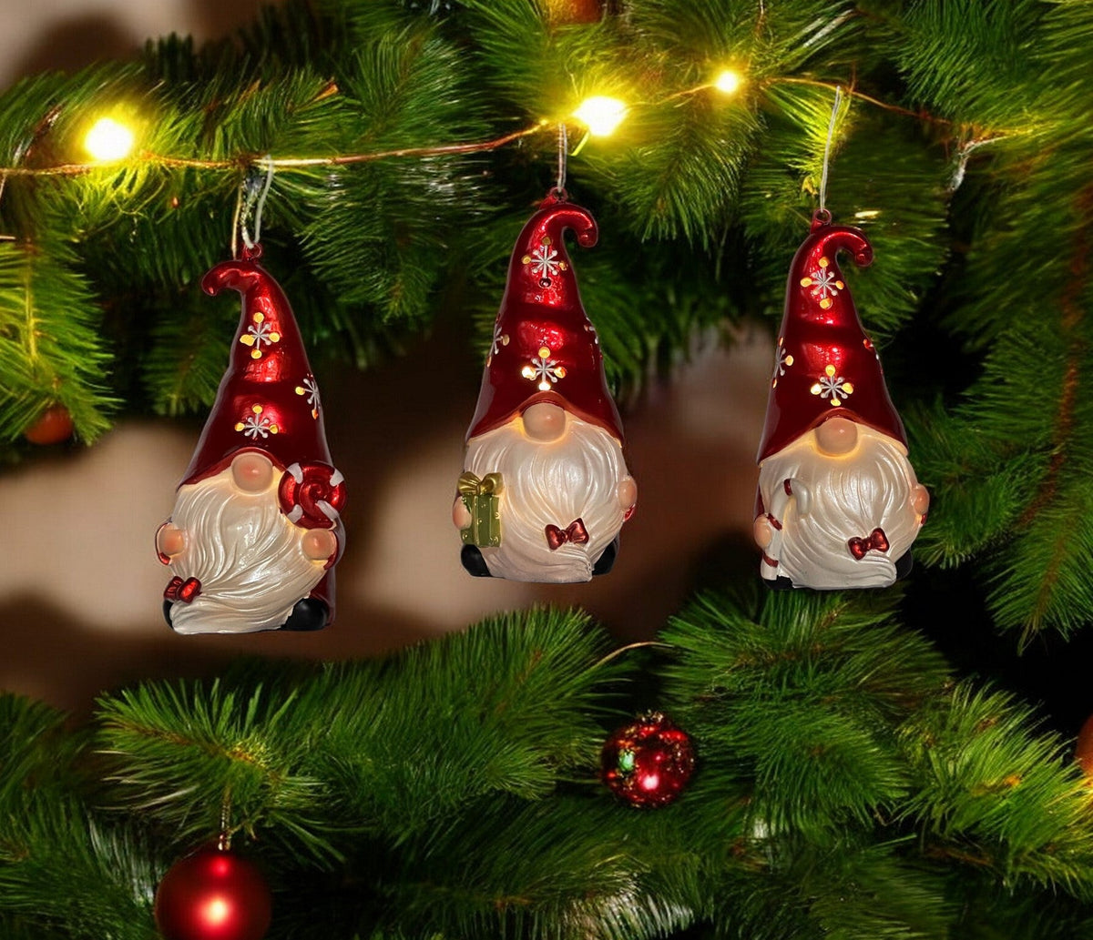 Set of Three Red and White Santa Gnome LED Light Up Christmas Ornaments W2B