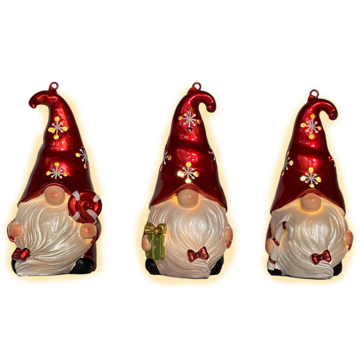 Set of Three Red and White Santa Gnome LED Light Up Christmas Ornaments W2B