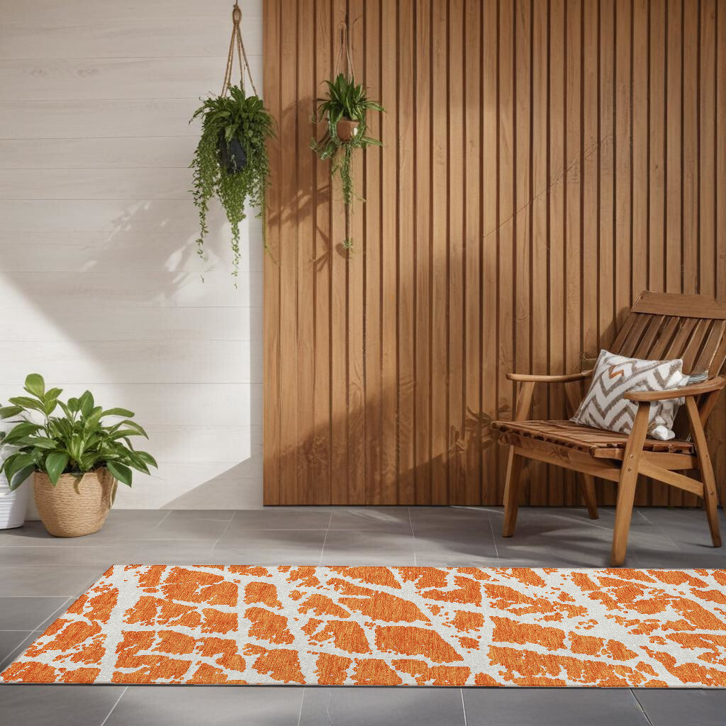 8' Runner Orange and White Abstract Washable Non Skid Indoor Outdoor Runner Rug W2B