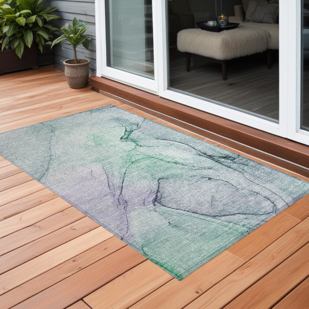 3' X 5' Blue and Gray Abstract Washable Non Skid Indoor Outdoor Area Rug W2B