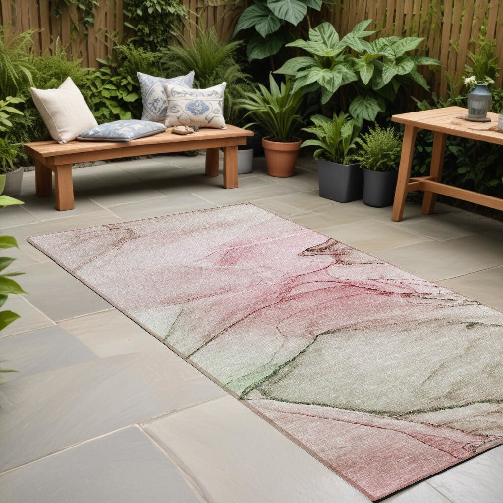 8' Runner Gray and Pink Abstract Washable Non Skid Indoor Outdoor Runner Rug W2B