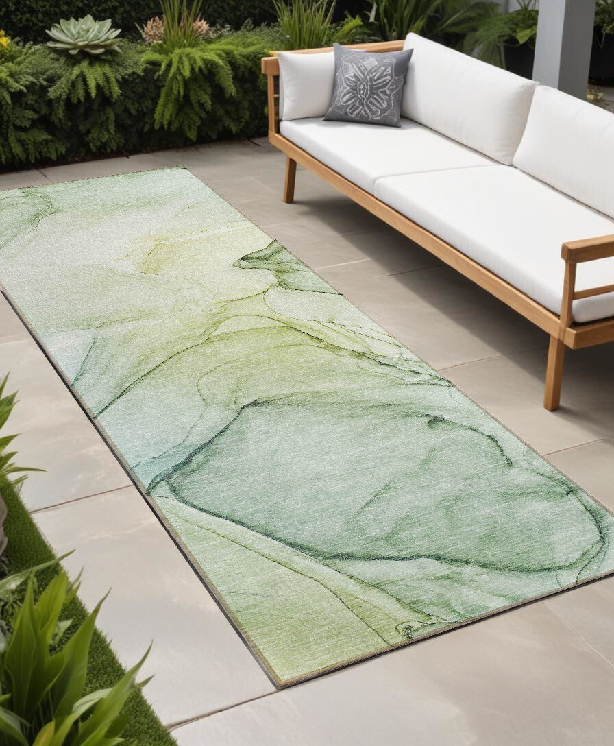 8' Runner Green Abstract Washable Non Skid Indoor Outdoor Runner Rug W2B