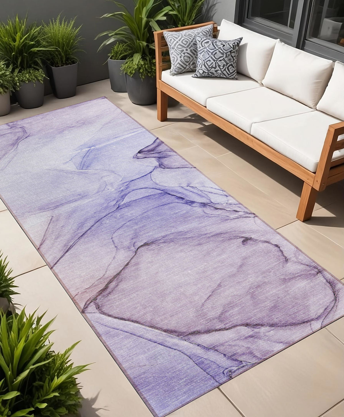 2' X 8' Gray and Purple Abstract Washable Non Skid Indoor Outdoor Runner Rug W2B