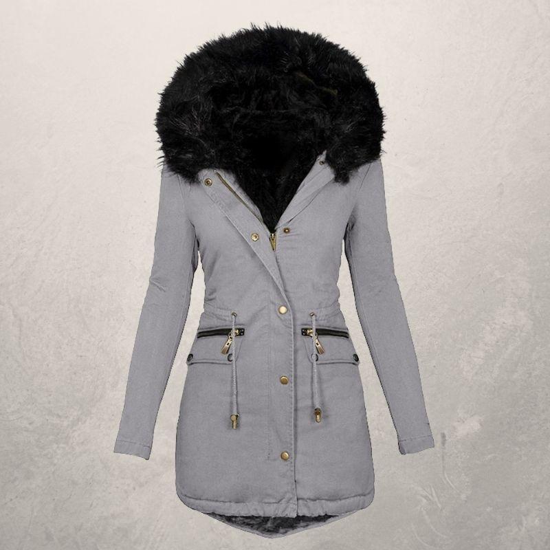Medium Length Hooded Cotton Padded Jacket with Wool Collar Pi-Mart