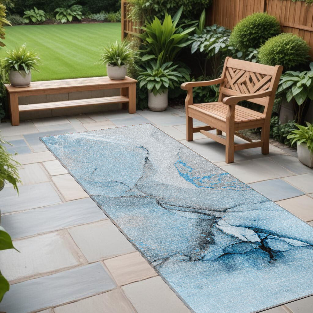 8' Runner Blue and Ivory Abstract Washable Non Skid Indoor Outdoor Runner Rug W2B