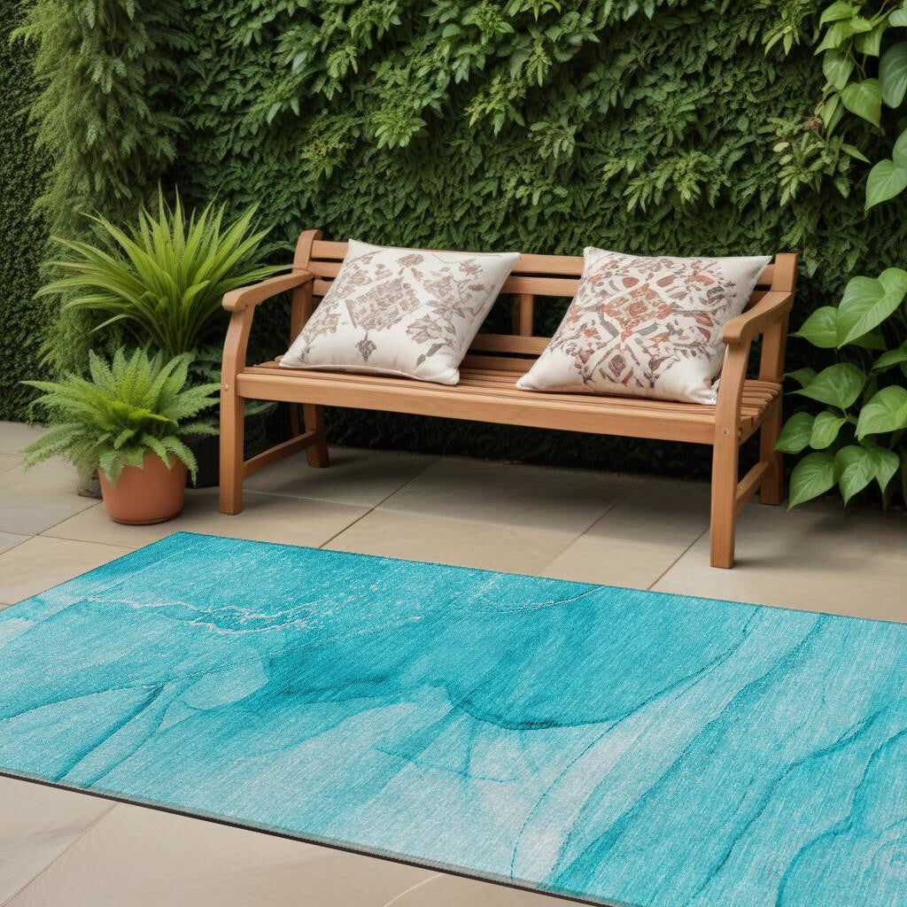 8' Runner Teal Abstract Washable Non Skid Indoor Outdoor Runner Rug W2B