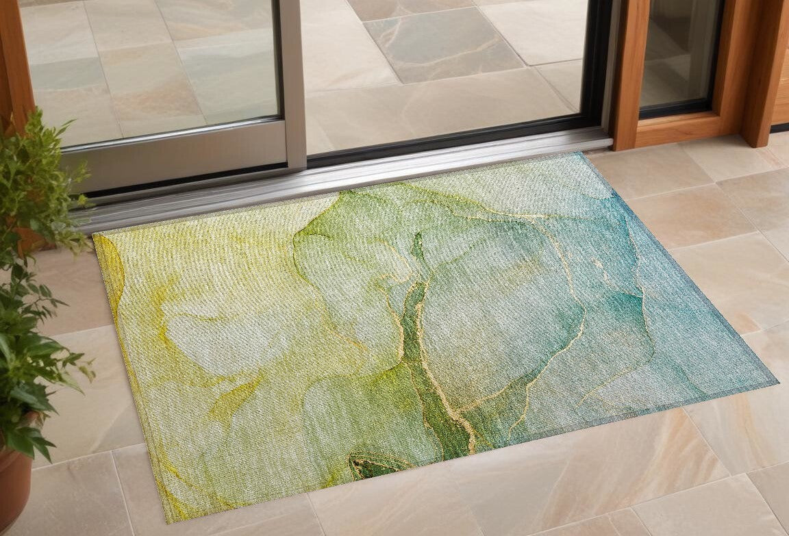 3' X 5' Green Abstract Washable Non Skid Indoor Outdoor Area Rug W2B