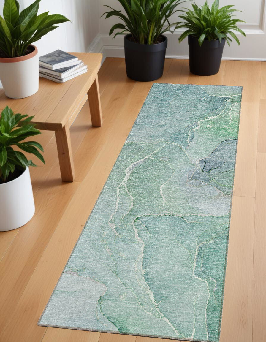 8' Runner Teal Abstract Washable Non Skid Indoor Outdoor Runner Rug W2B