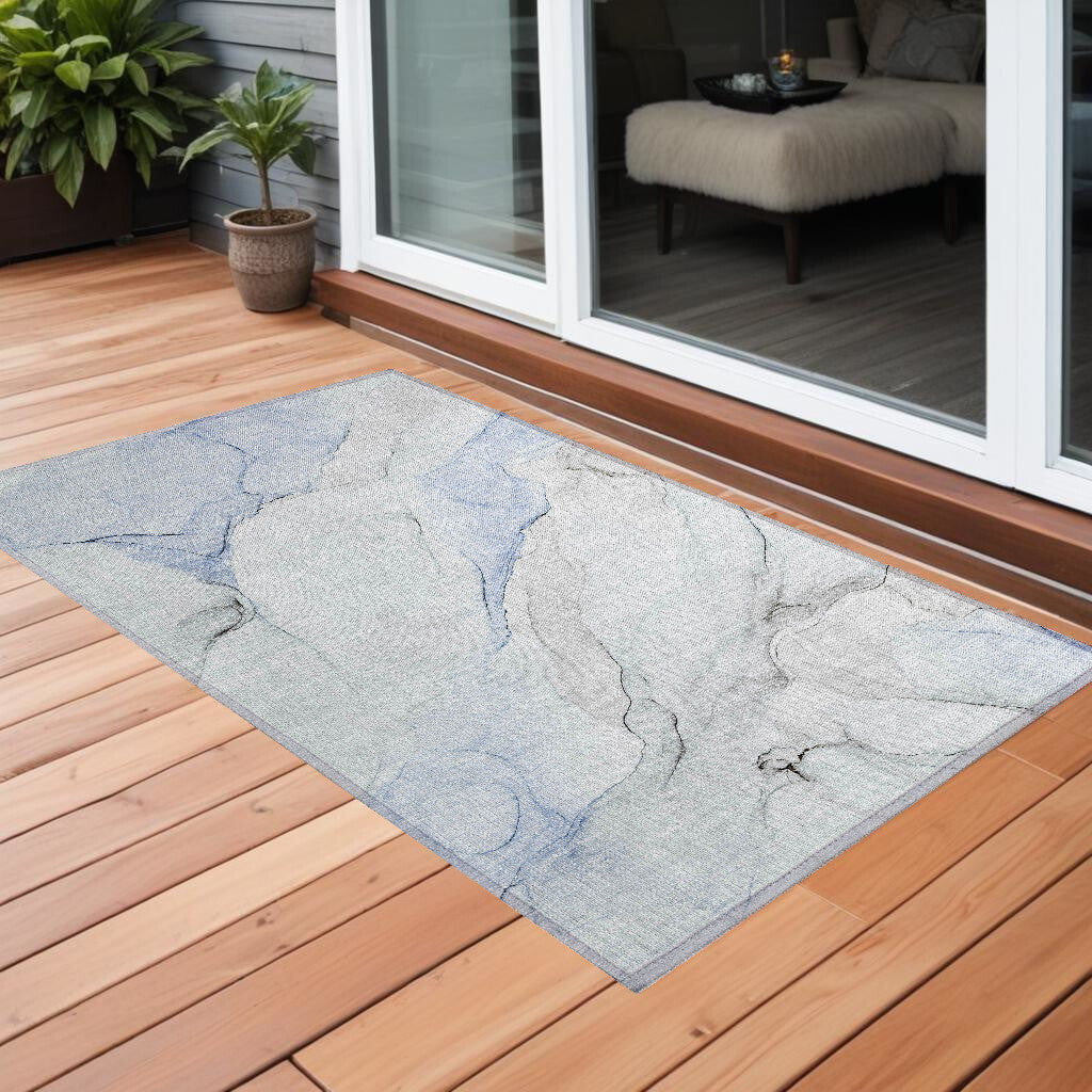 3' X 5' Ivory Blue and Gray Abstract Washable Non Skid Indoor Outdoor Area Rug W2B