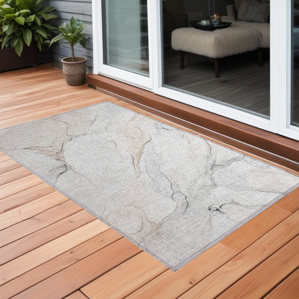 3' X 5' Beige Ivory and Gray Abstract Washable Non Skid Indoor Outdoor Area Rug W2B