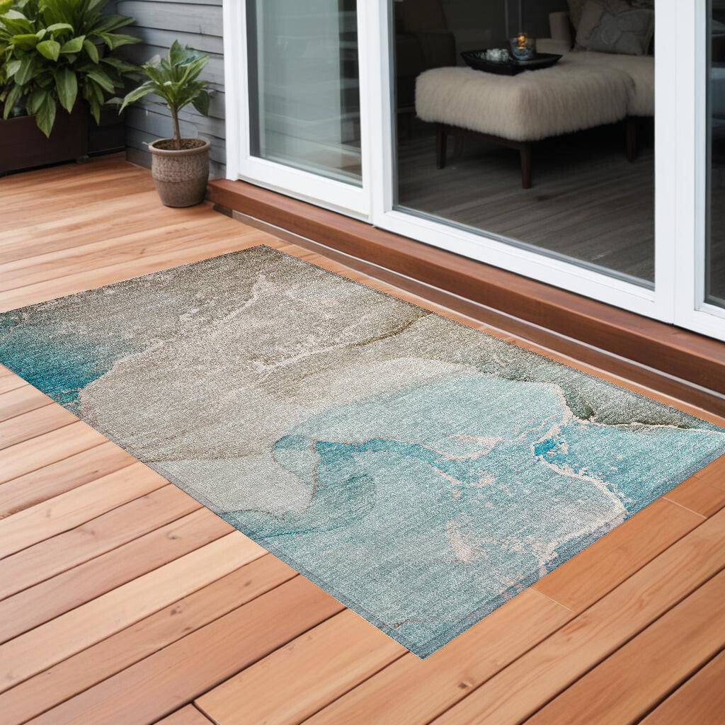 3' X 5' Teal Abstract Washable Non Skid Indoor Outdoor Area Rug W2B