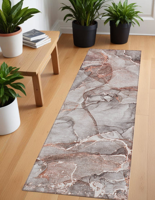 8' Runner Gray and Red Abstract Washable Non Skid Indoor Outdoor Runner Rug