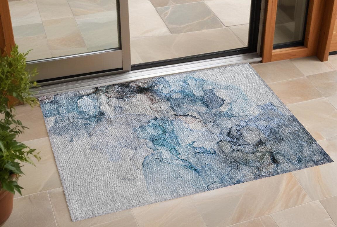 3' X 5' Blue and Gray Abstract Washable Non Skid Indoor Outdoor Area Rug W2B