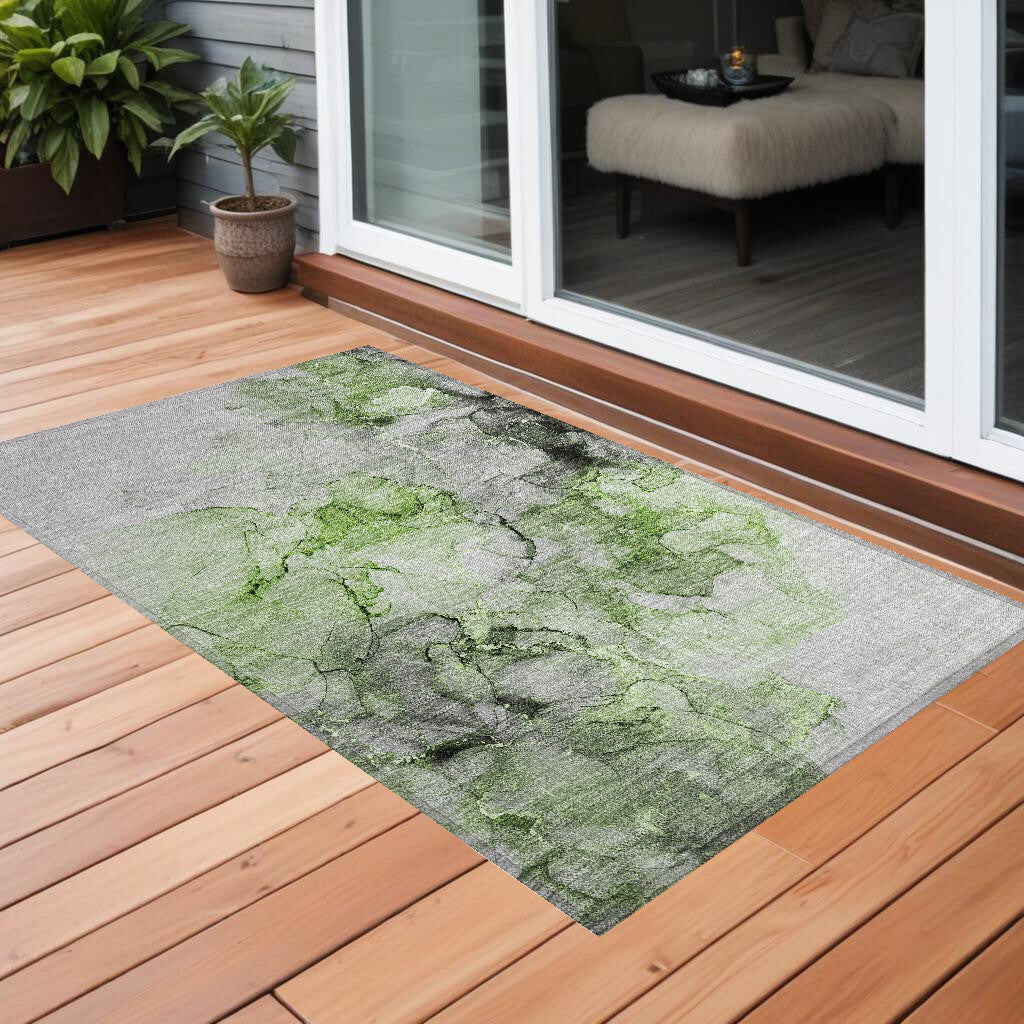 3' X 5' Green Abstract Washable Non Skid Indoor Outdoor Area Rug W2B