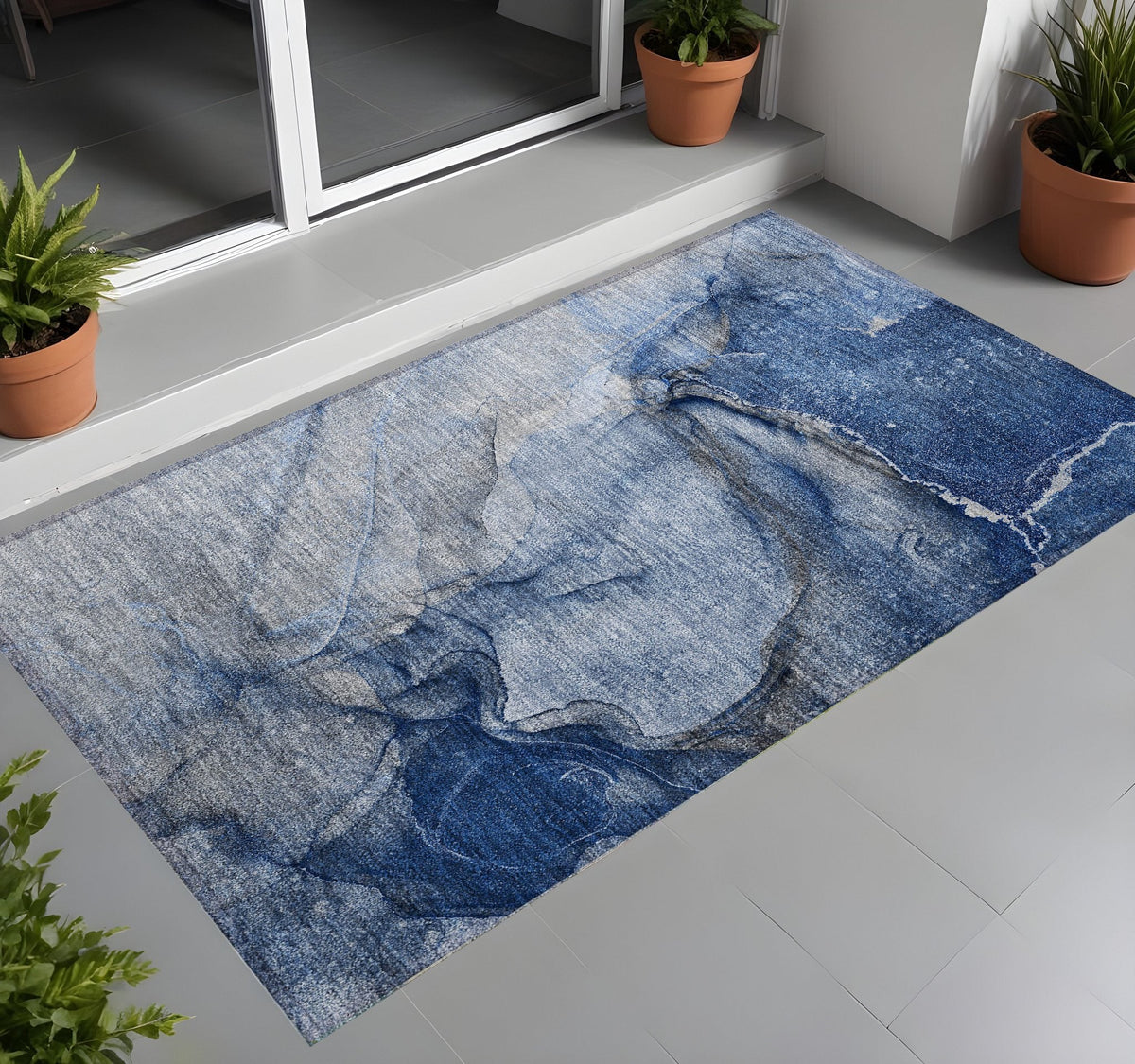 3' X 5' Navy Blue Abstract Washable Non Skid Indoor Outdoor Area Rug W2B