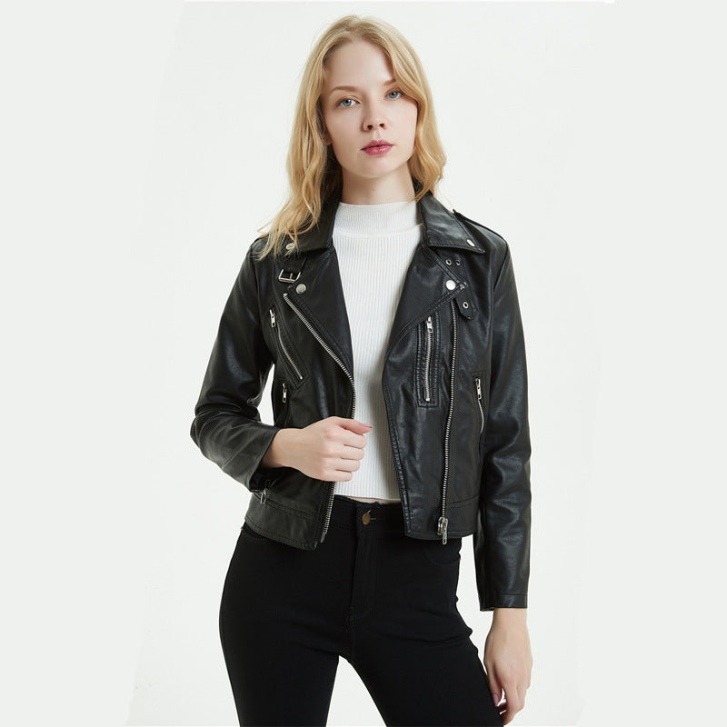Women's PU Leather Motorcycle Jacket - European & American Style Short Biker Jacket (Black/White, Sizes S-XL LadyShow.Store