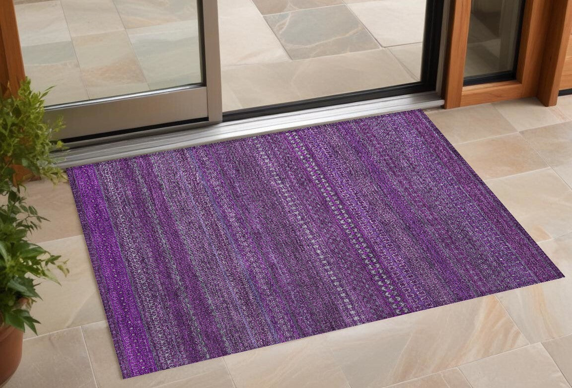 3' X 5' Eggplant Striped Washable Non Skid Indoor Outdoor Area Rug W2B