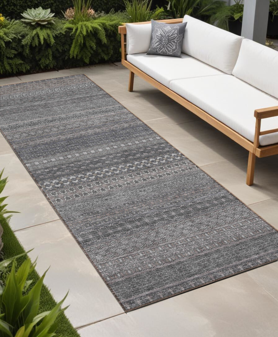 2' X 8' Gray Striped Washable Indoor Outdoor Runner Rug W2B