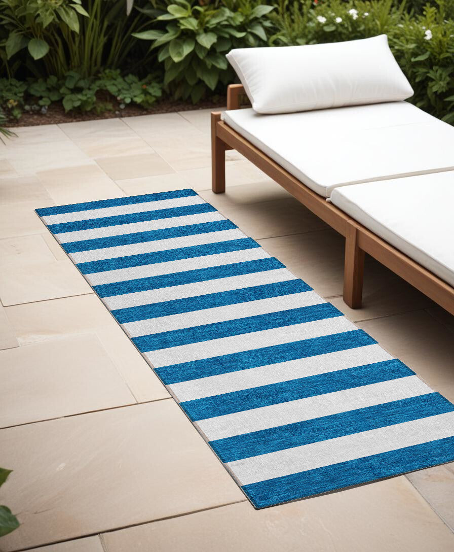 8' Runner Navy Blue Striped Washable Non Skid Indoor Outdoor Runner Rug W2B
