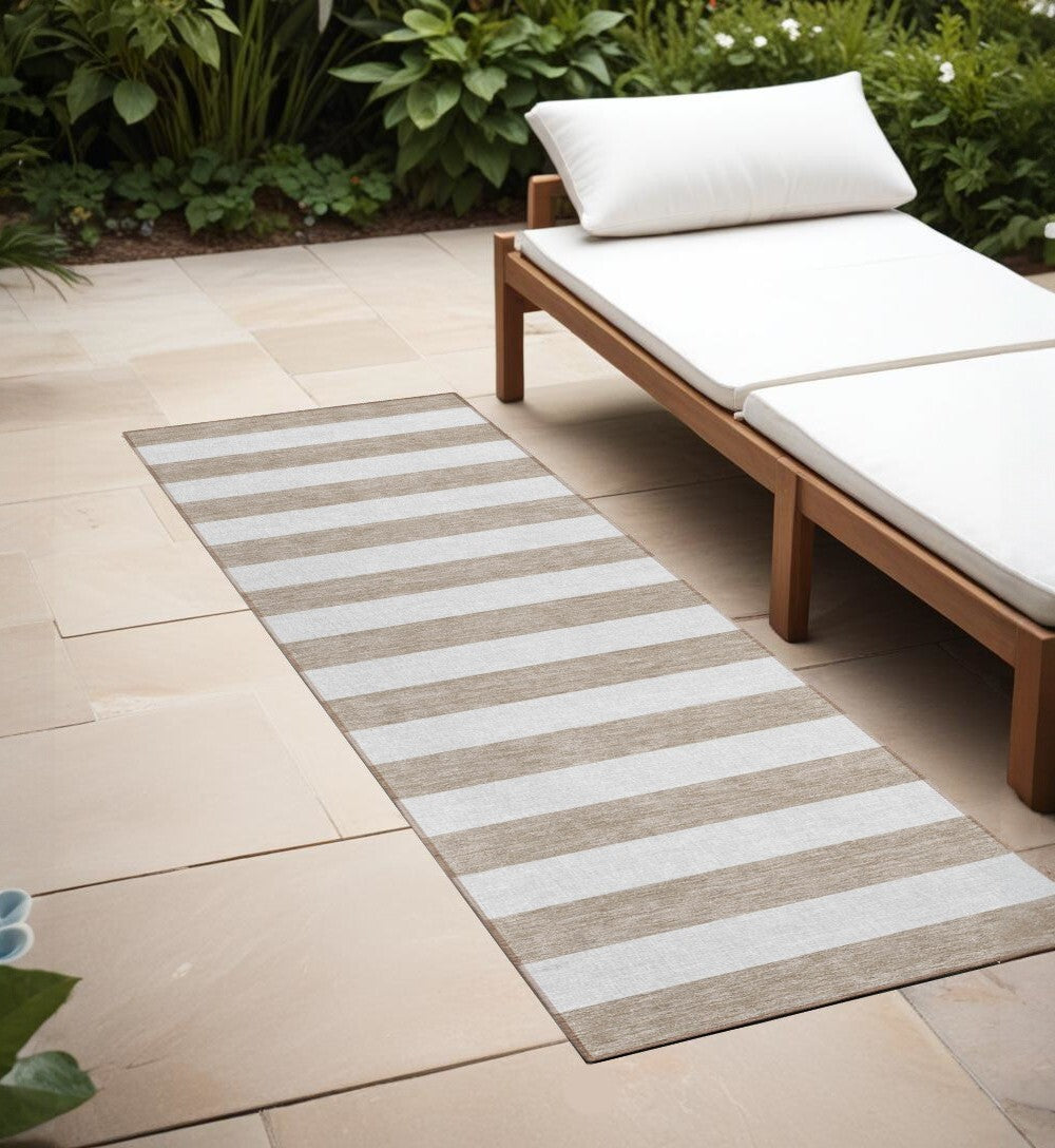 2' X 8' Taupe and White Striped Washable Indoor Outdoor Runner Rug W2B