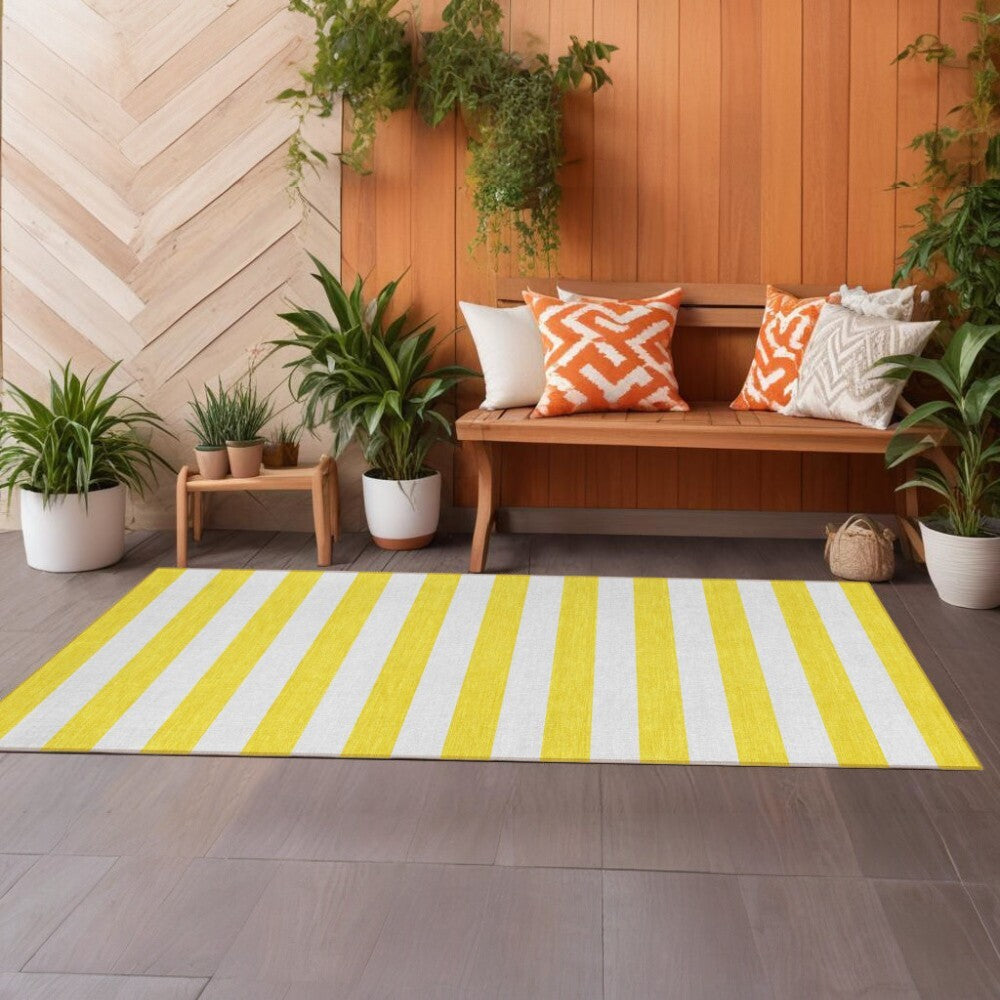 2' X 8' Yellow and White Striped Washable Indoor Outdoor Runner Rug W2B