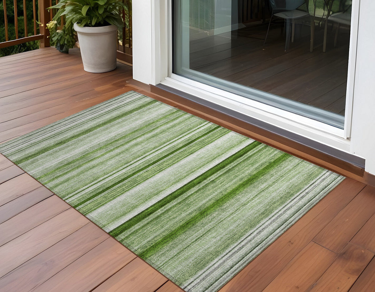 3' X 5' Artichoke Green Striped Washable Non Skid Indoor Outdoor Area Rug W2B