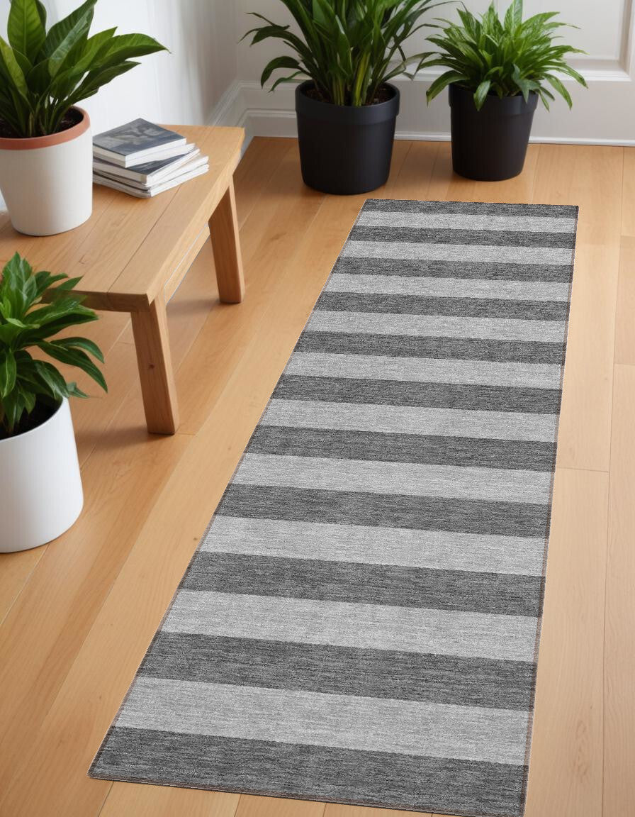8' Runner Gray and White Striped Washable Non Skid Indoor Outdoor Runner Rug W2B