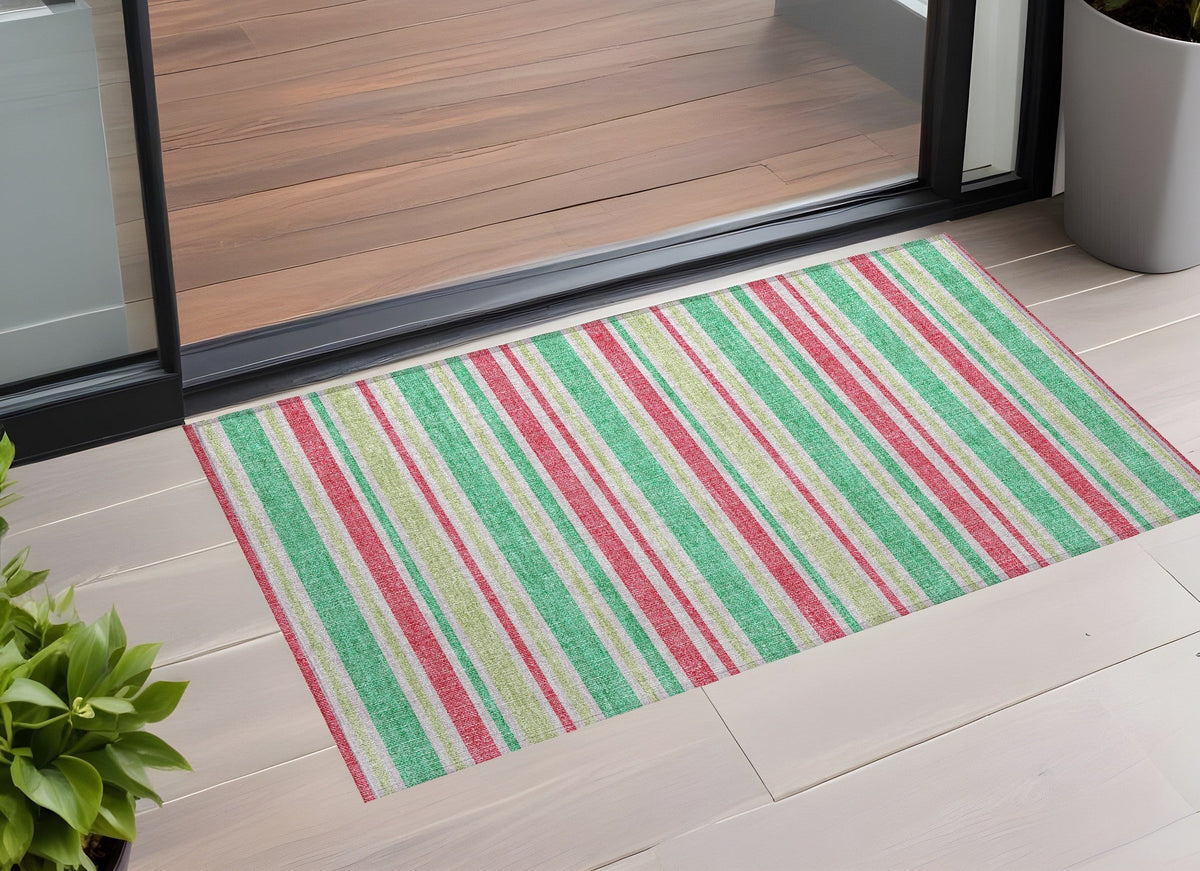 3' X 5' Green Striped Washable Non Skid Indoor Outdoor Area Rug W2B
