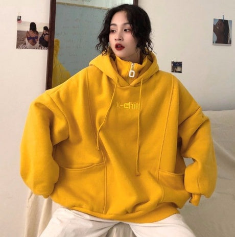 Hoodies Women Autumn Winter New Korean Style Student Loose Embroidered Simple Plus Velvet High Quality Soft Womens Clothing Chic Accent Plus
