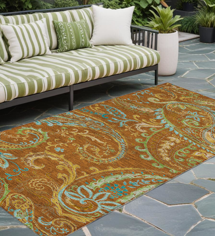 8' Runner Orange Paisley Washable Non Skid Indoor Outdoor Runner Rug W2B