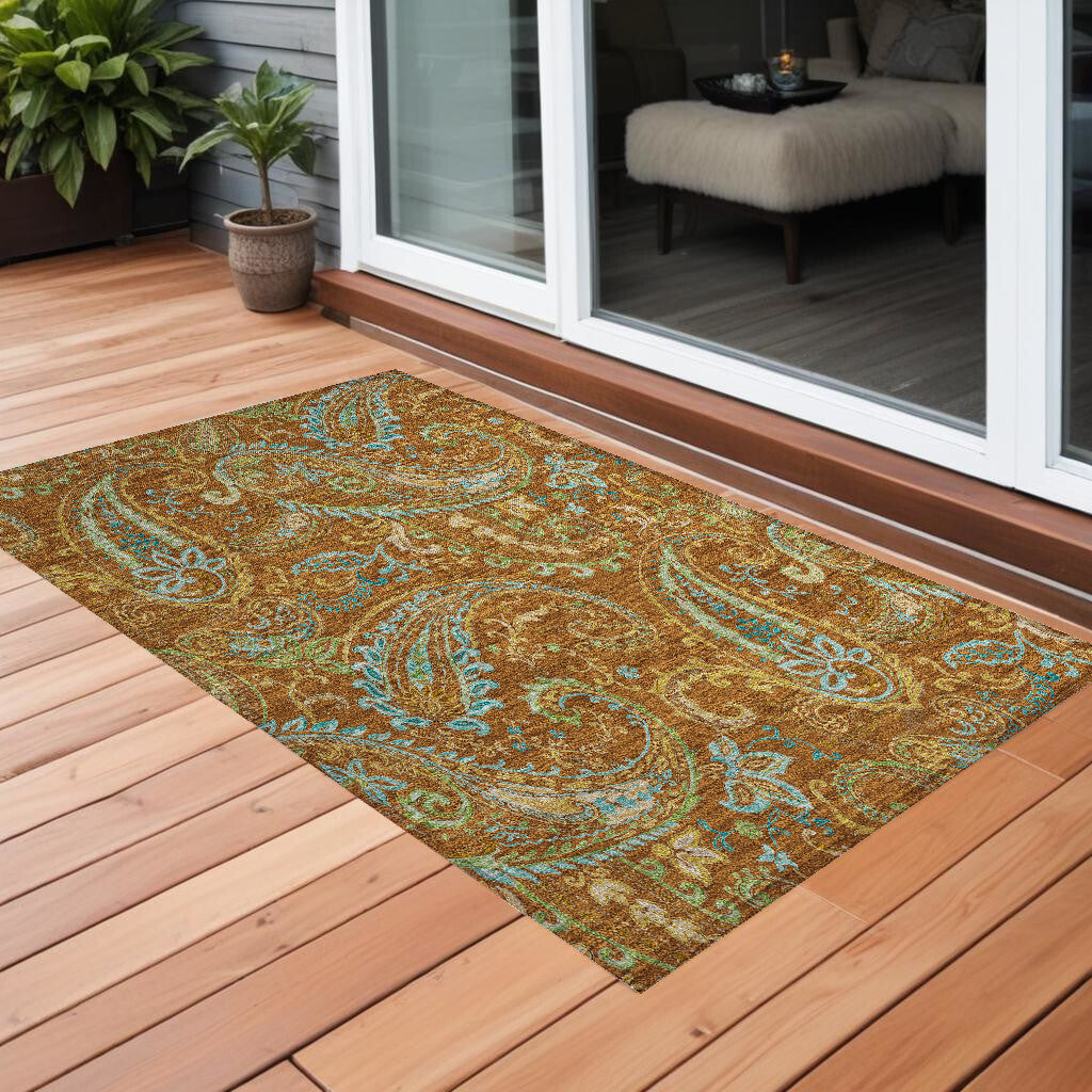 3' X 5' Orange Paisley Washable Non Skid Indoor Outdoor Area Rug W2B