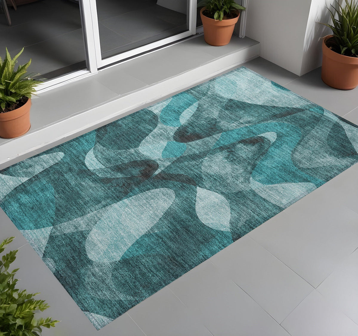 3' X 5' Teal Abstract Washable Non Skid Indoor Outdoor Area Rug W2B