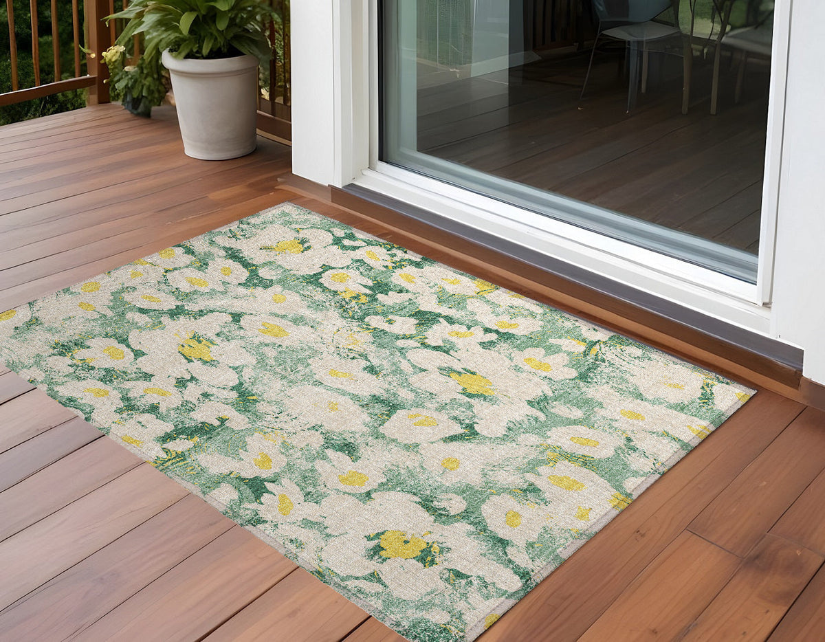 3' X 5' Green Floral Washable Non Skid Indoor Outdoor Area Rug W2B