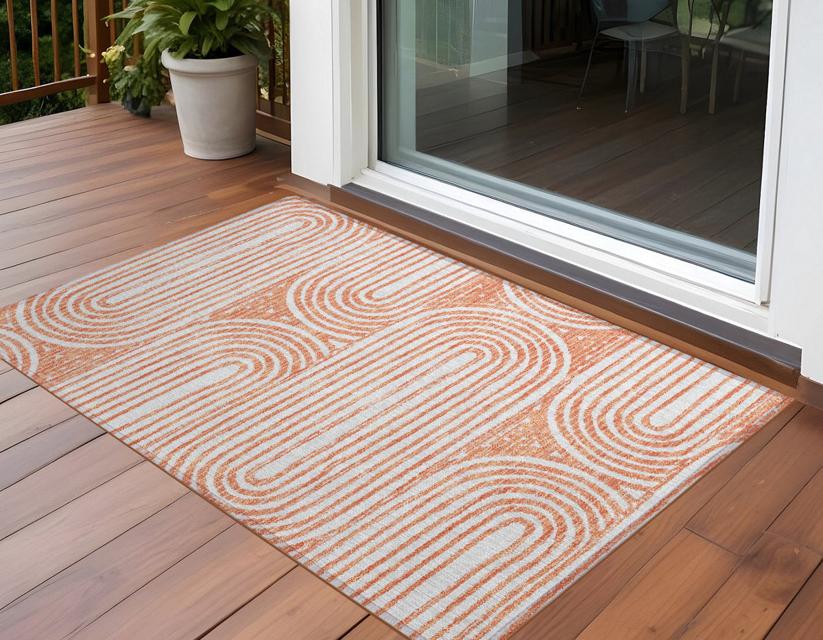 3' X 5' Orange and Ivory Abstract Washable Non Skid Indoor Outdoor Area Rug W2B