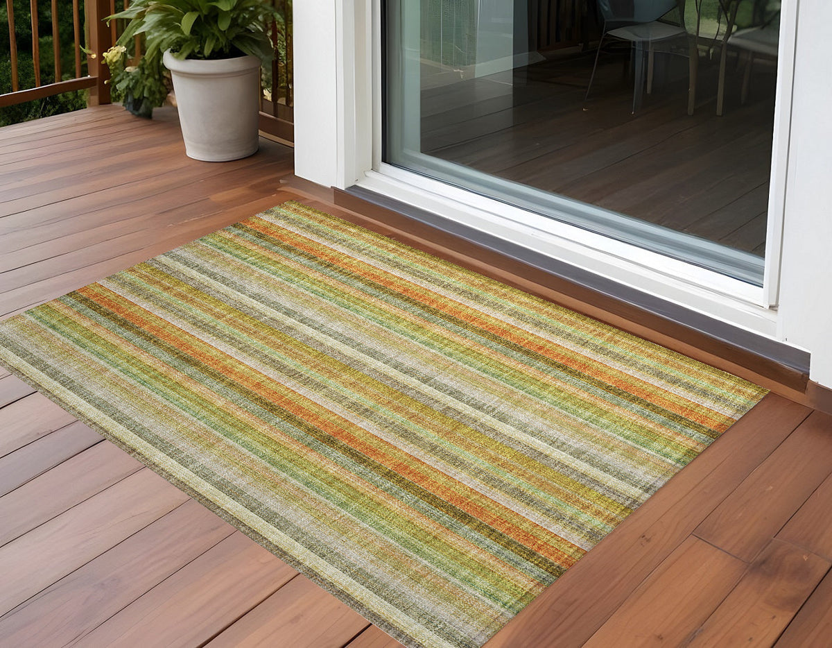 3' X 5' Tan Orange and Green Striped Washable Non Skid Indoor Outdoor Area Rug W2B