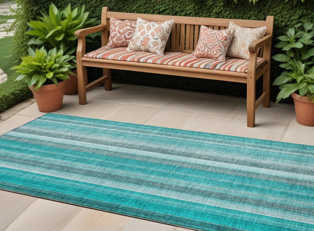 8' Runner Teal and Gray Striped Washable Non Skid Indoor Outdoor Runner Rug W2B