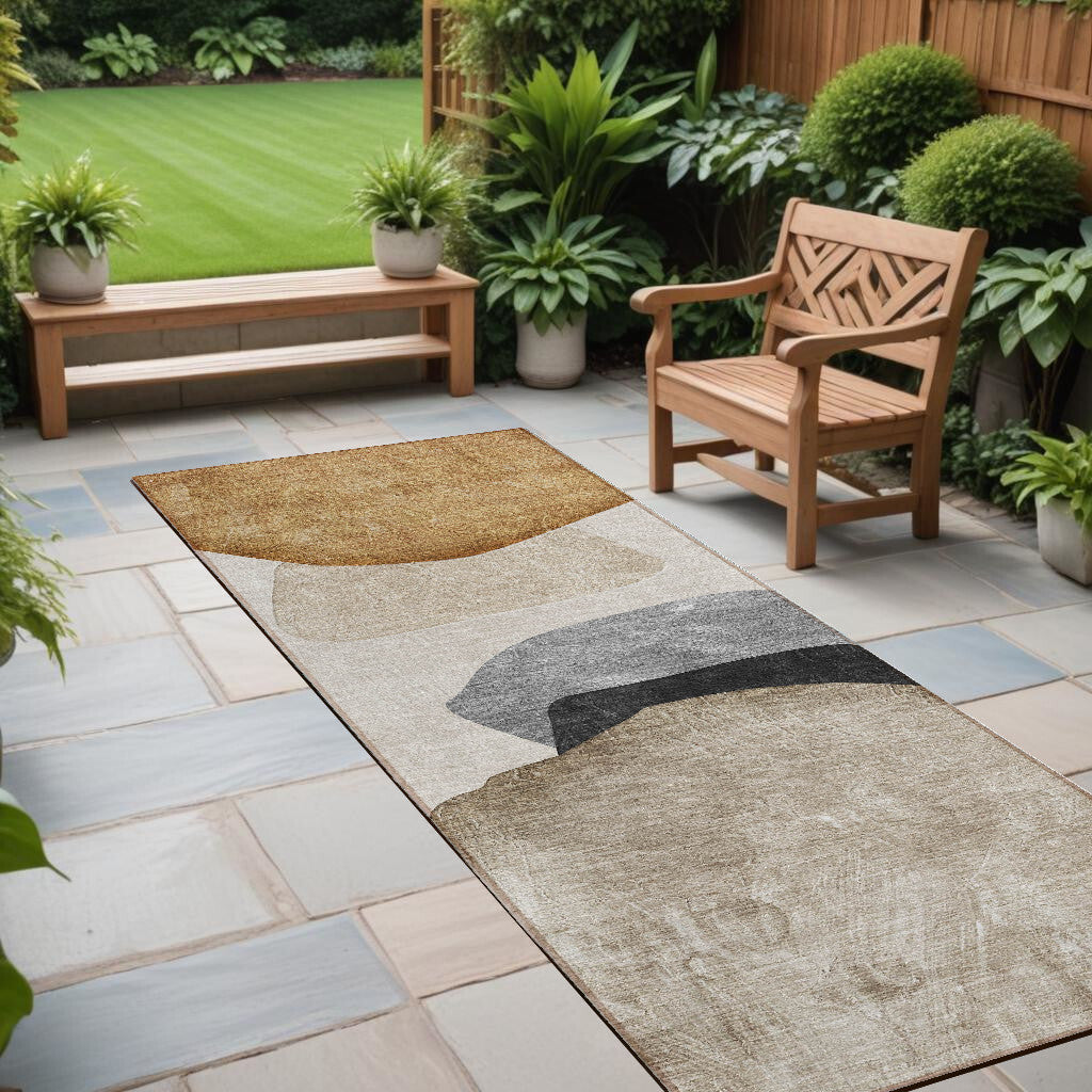 8' Runner Tan Brown and Gray Abstract Washable Non Skid Indoor Outdoor Runner Rug