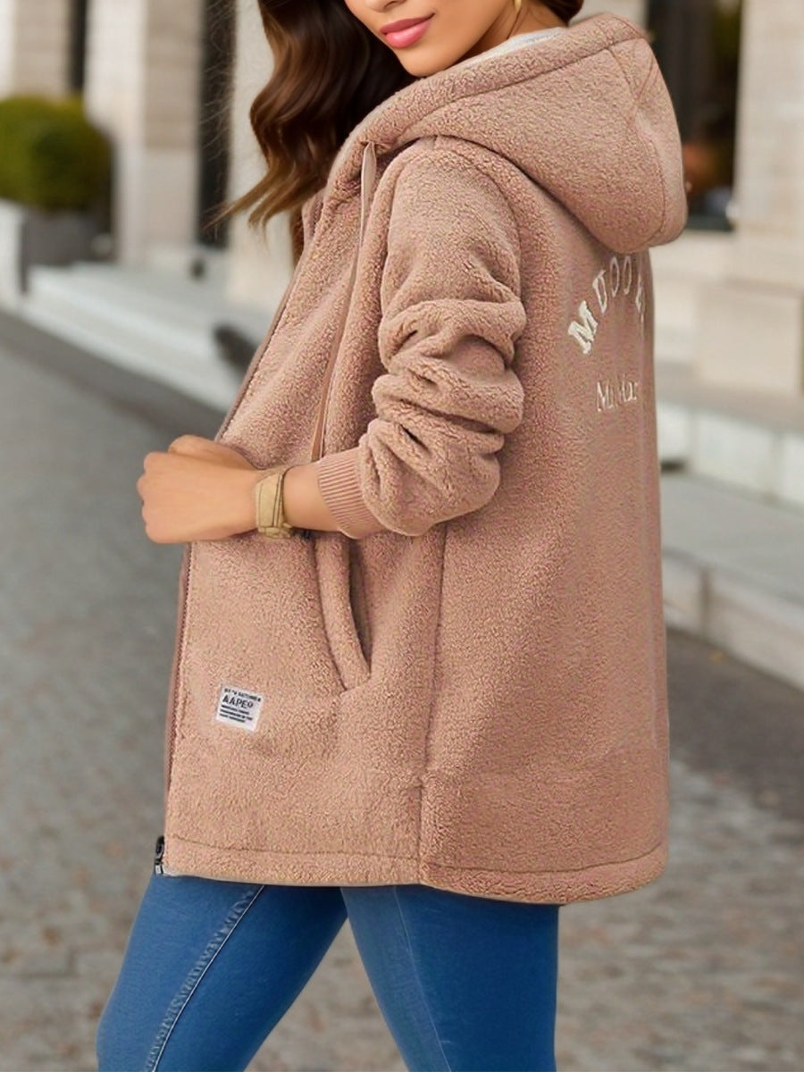Winter Fleece Hooded Jacket Fashion Casual Zip-up Pockets Long Sweatshirt Warm Commuter Women's Clothing LadyShow.Store