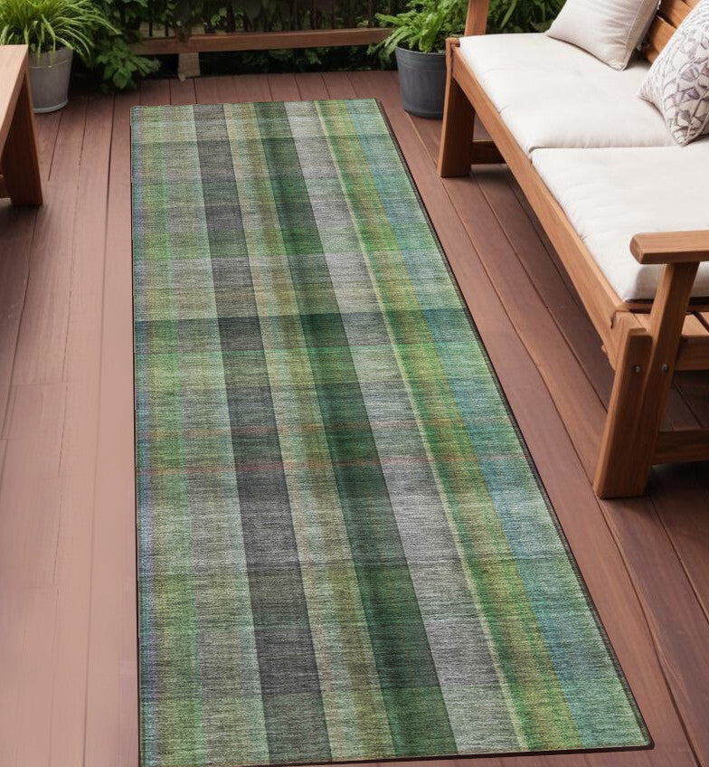 2' X 8' Green Beige and Gray Plaid Washable Non Skid Indoor Outdoor Area Rug W2B
