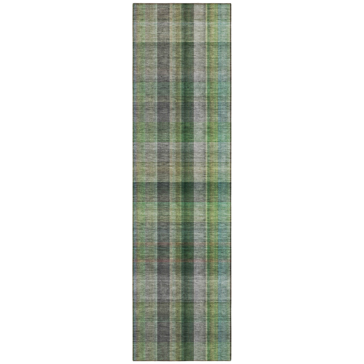 2' X 8' Green Beige and Gray Plaid Washable Non Skid Indoor Outdoor Area Rug W2B