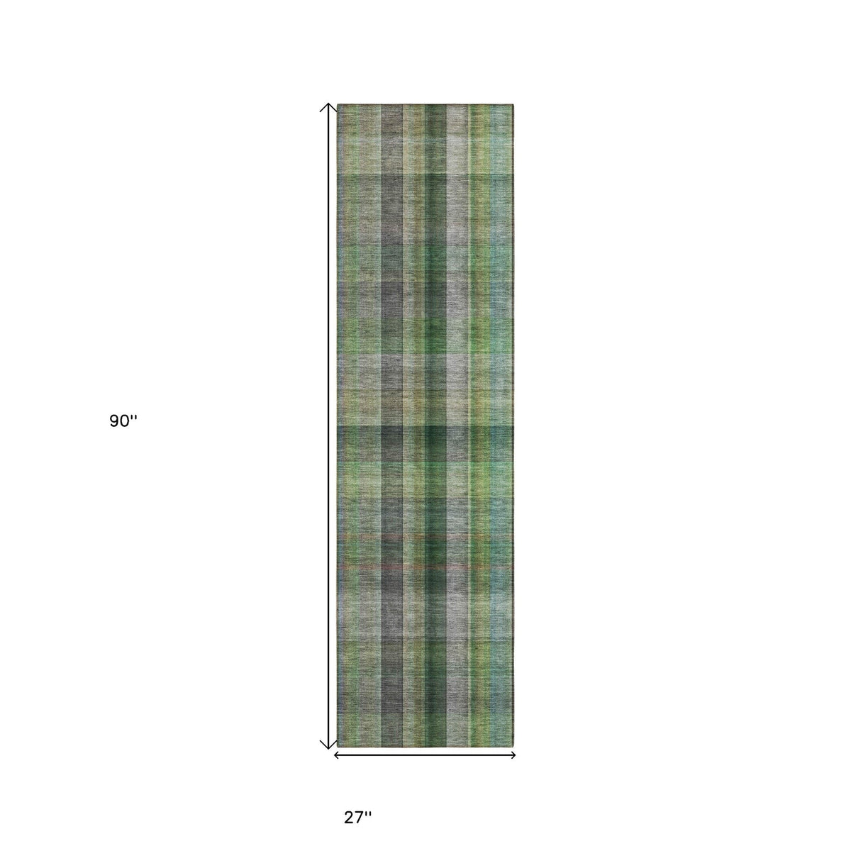 2' X 8' Green Beige and Gray Plaid Washable Non Skid Indoor Outdoor Area Rug W2B