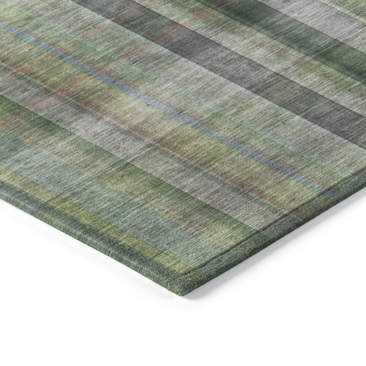 2' X 8' Green Beige and Gray Plaid Washable Non Skid Indoor Outdoor Area Rug W2B