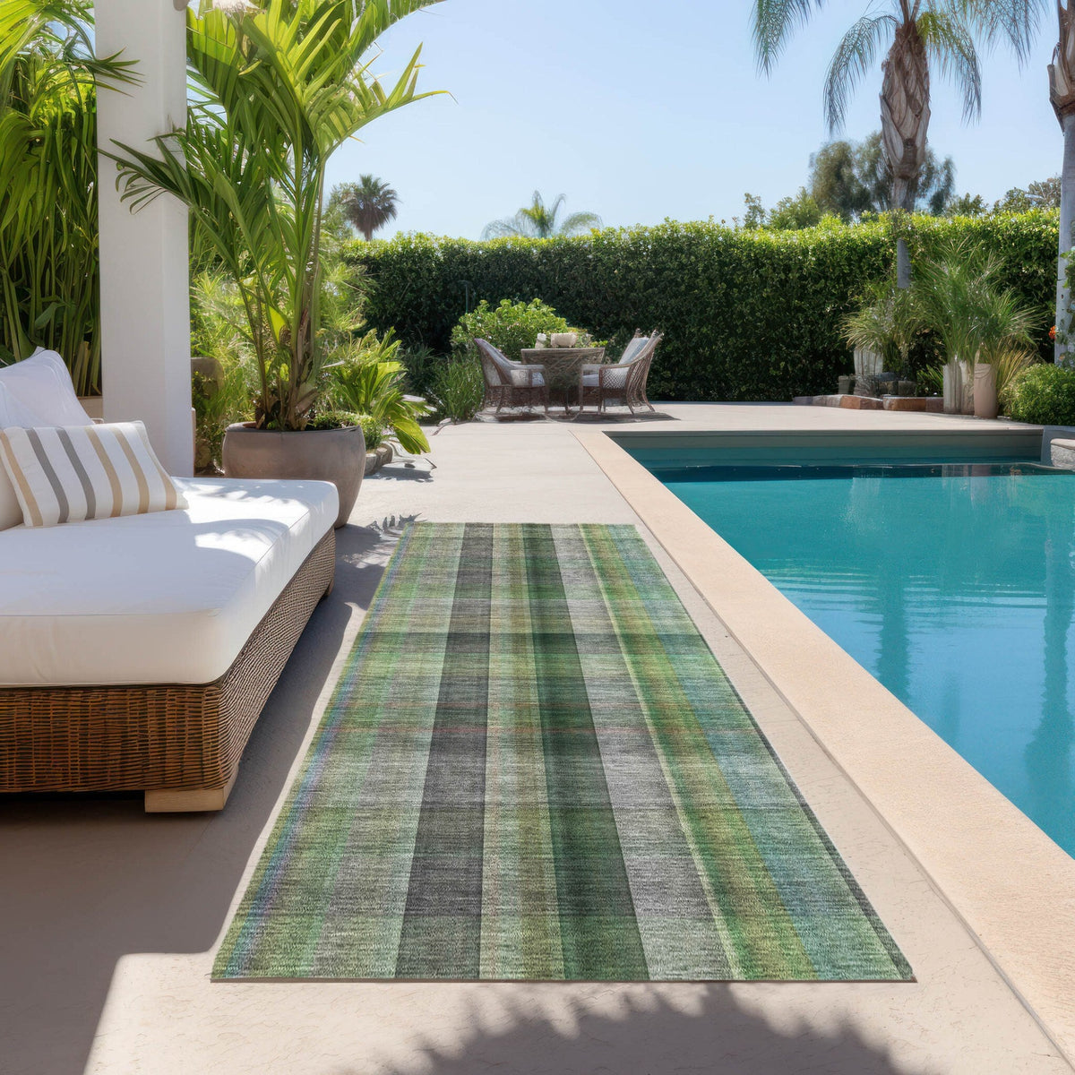2' X 8' Green Beige and Gray Plaid Washable Non Skid Indoor Outdoor Area Rug W2B