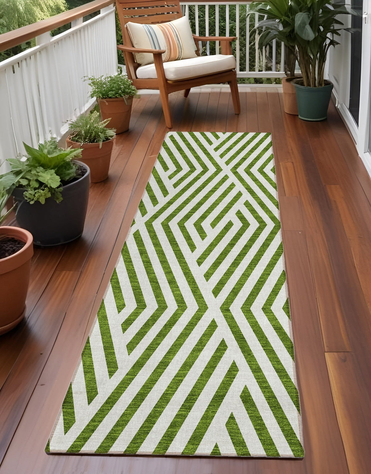 8' Runner Lime Green and White Geometric Washable Non Skid Indoor Outdoor Runner Rug W2B