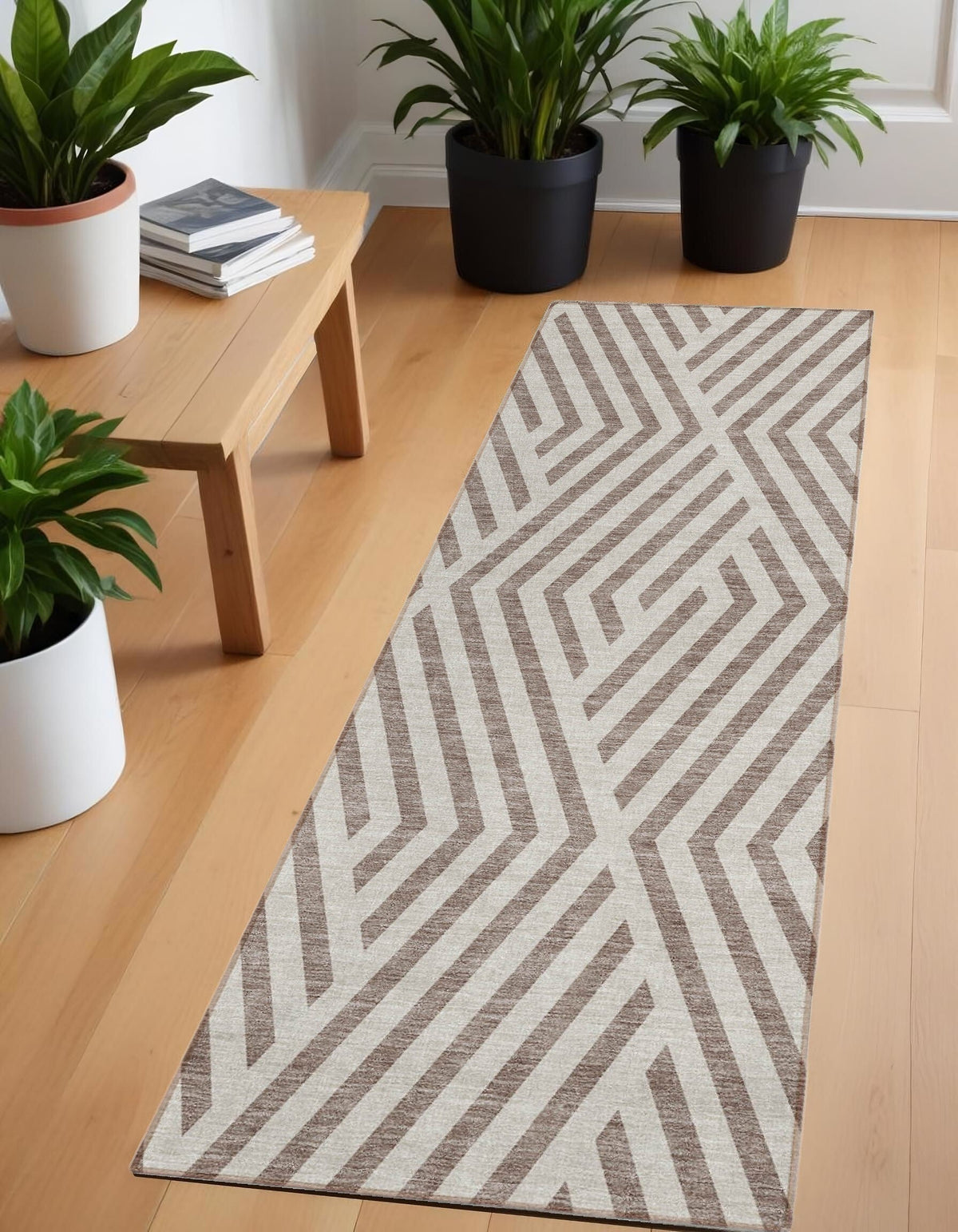 8' Runner Taupe and Ivory Geometric Washable Non Skid Indoor Outdoor Runner Rug W2B