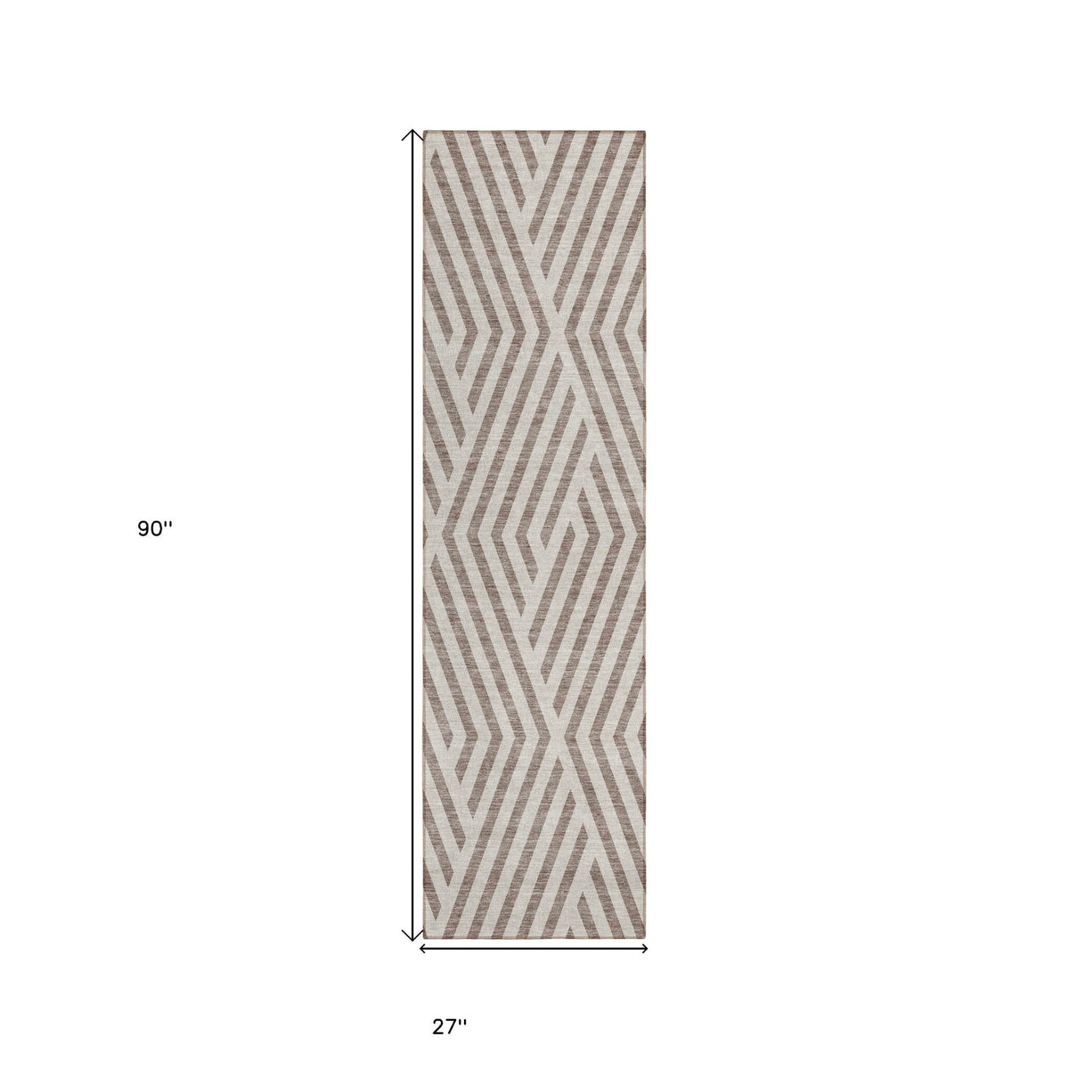 8' Runner Taupe and Ivory Geometric Washable Non Skid Indoor Outdoor Runner Rug W2B