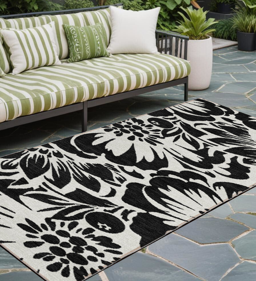 8' Runner Black and Ivory Floral Washable Non Skid Indoor Outdoor Runner Rug W2B