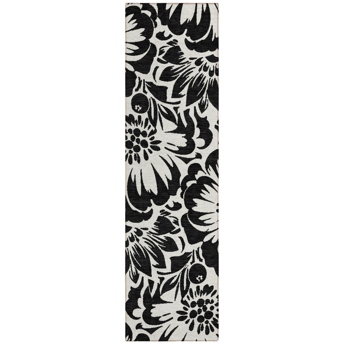 8' Runner Black and Ivory Floral Washable Non Skid Indoor Outdoor Runner Rug W2B